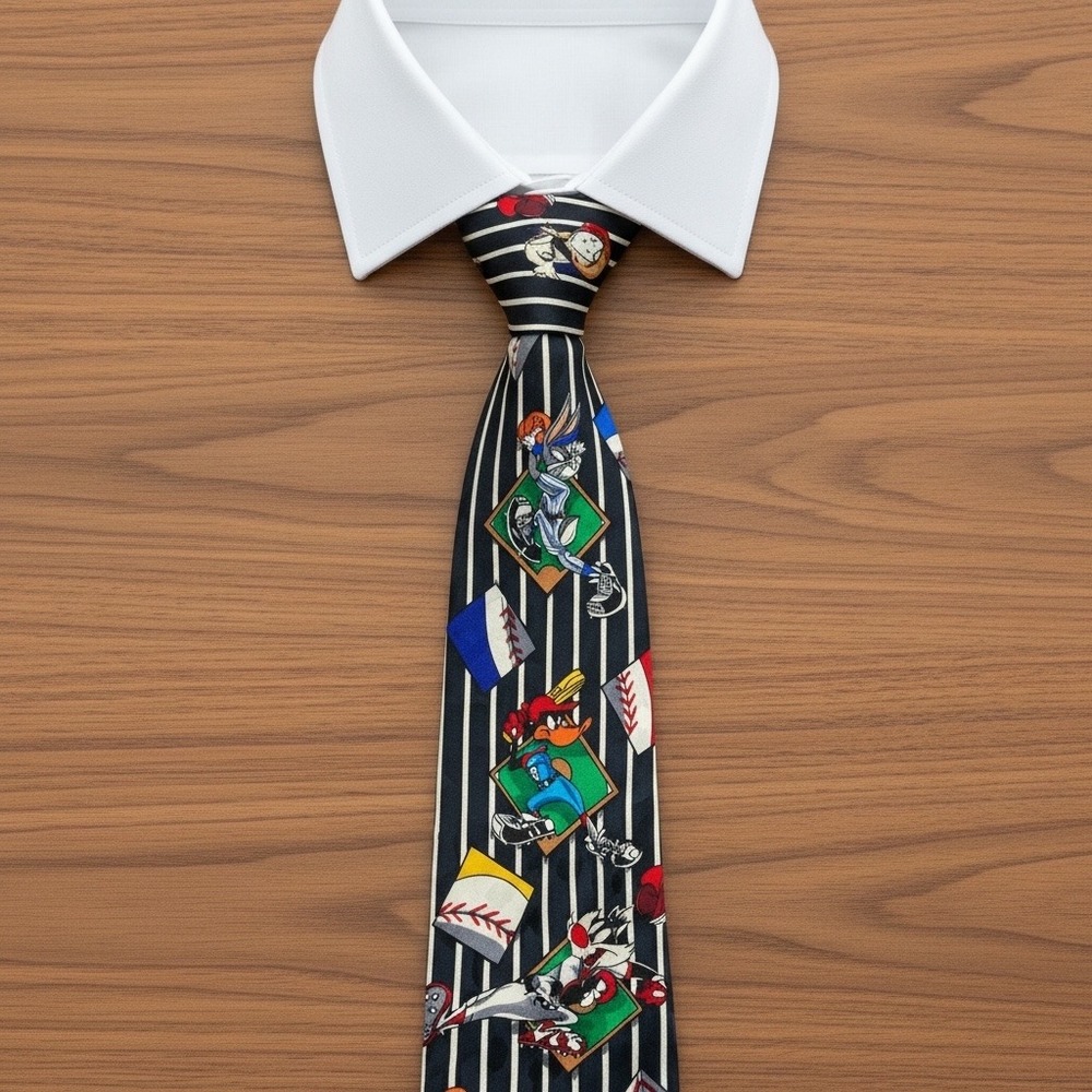Vintage 1993 Looney Tunes Mania Baseball Silk Tie Pinstripe Bugs Bunny Taz